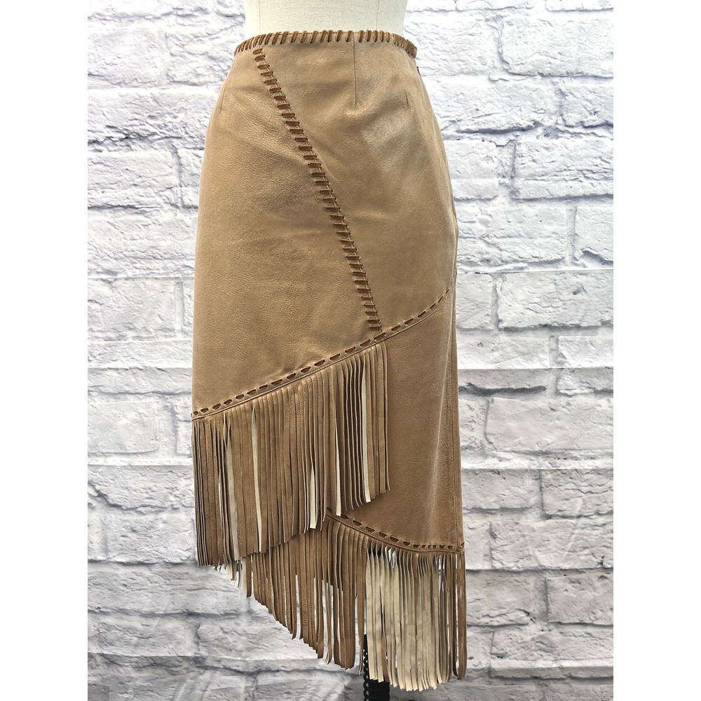 Double D Ranch Fringe Skirt Womens 10 Tan Good Western Leather Whipstitch